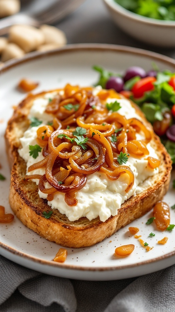 Delicious cottage cheese toast topped with caramelized onions and garnished with herbs.