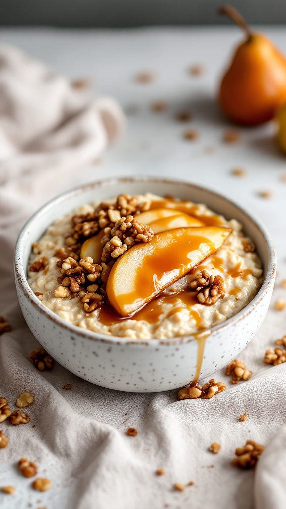 A bowl of caramelized pear and walnut overnight oats topped with fresh pear slices and drizzled with syrup.