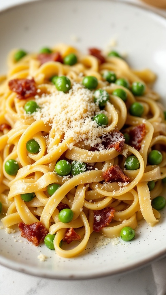 Bowl of fettuccine pasta with pancetta and peas, topped with Parmesan cheese.