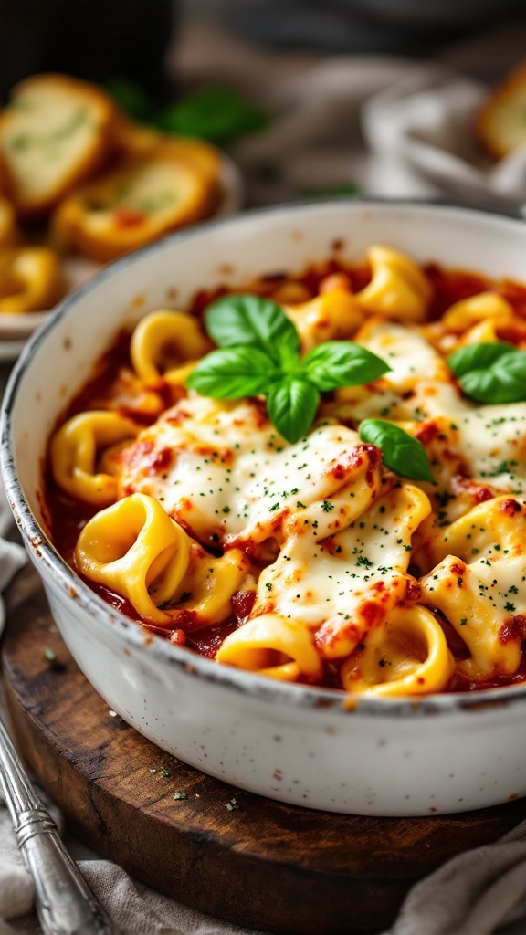 A bowl of cheesy baked tortellini with tomato sauce and melted cheese.