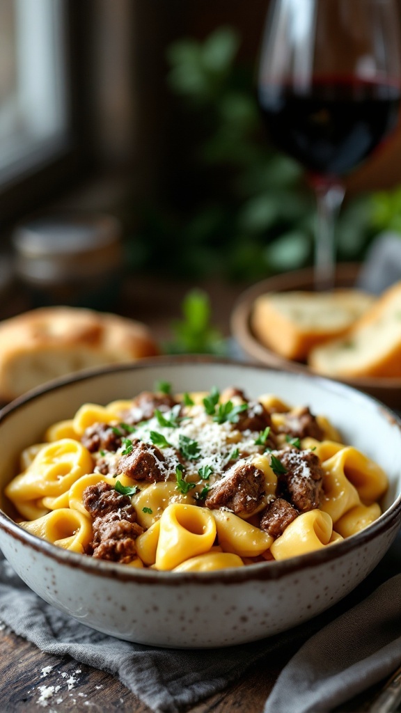 A bowl of cheesy beef tortellini topped with parsley and cheese