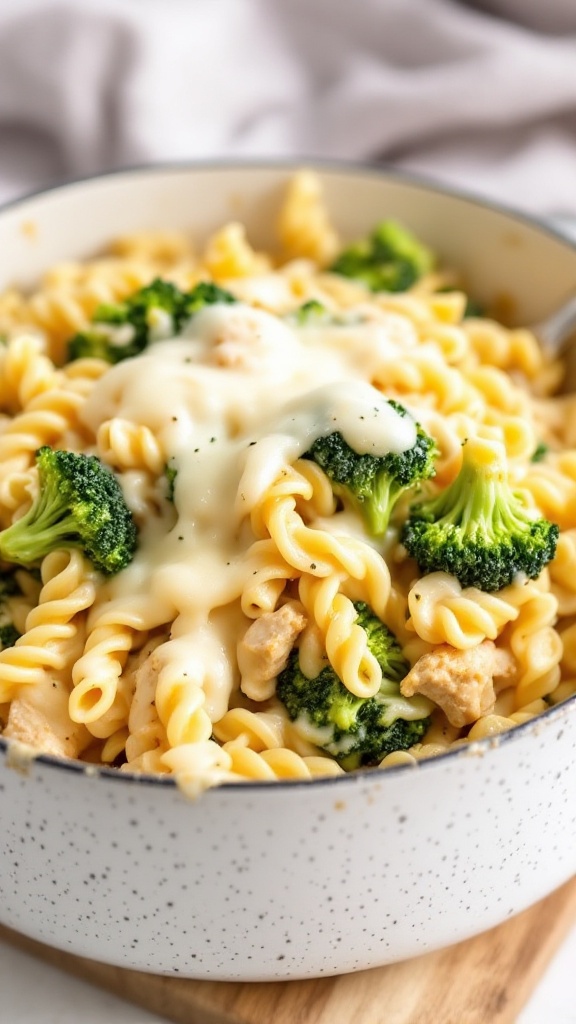 A bowl of cheesy broccoli and chicken pasta served in a rustic dish.