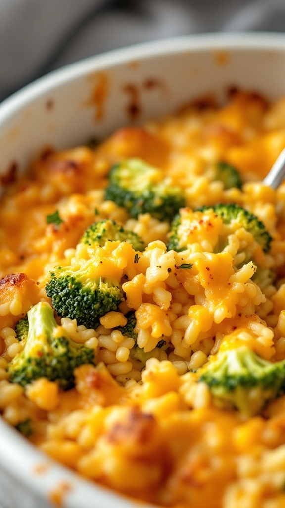 A close-up of a cheesy broccoli and rice casserole with golden-brown toppings.