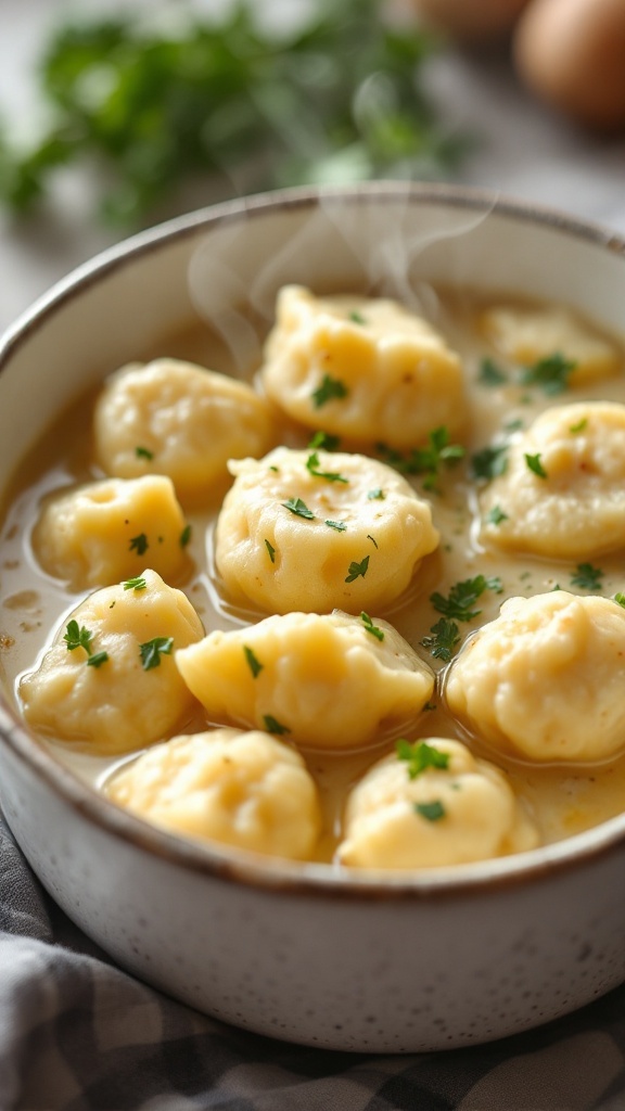 A bowl of chicken and dumplings with fluffy dumplings and herbs