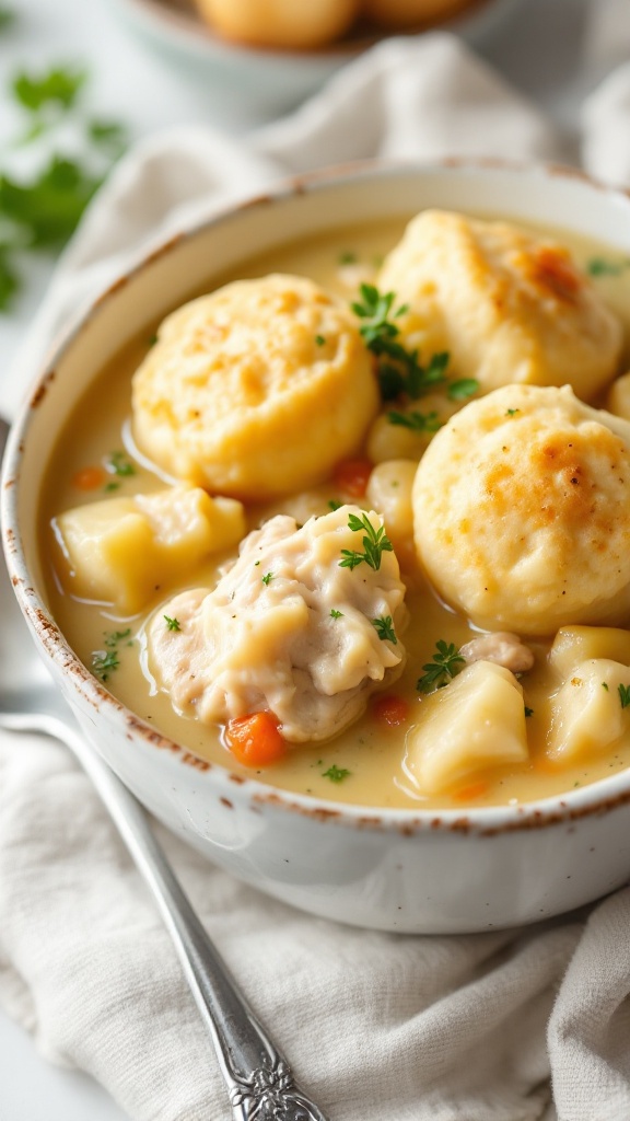 A bowl of chicken and dumplings comfort stew with fluffy dumplings and herbs.