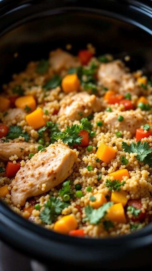 A delicious chicken and quinoa medley prepared in a crockpot, featuring colorful vegetables.