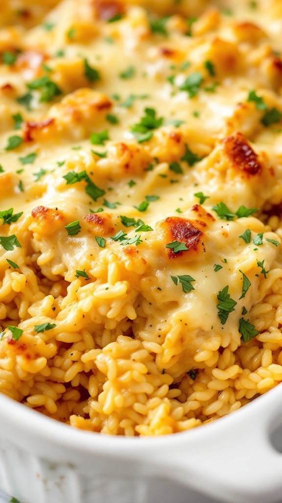 A delicious serving of chicken and rice casserole topped with melted cheese and fresh parsley.