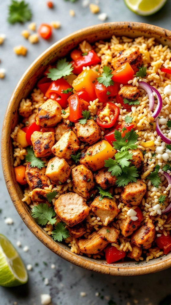 A vibrant chicken fajita bowl filled with seasoned chicken, colorful peppers, and rice.