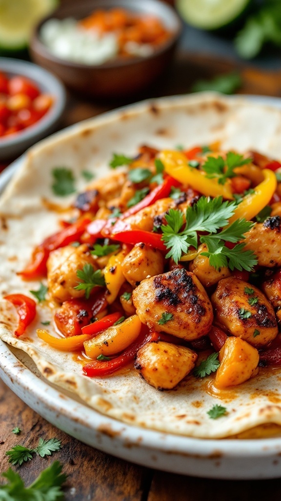 A plate of chicken fajitas with peppers, served in a tortilla