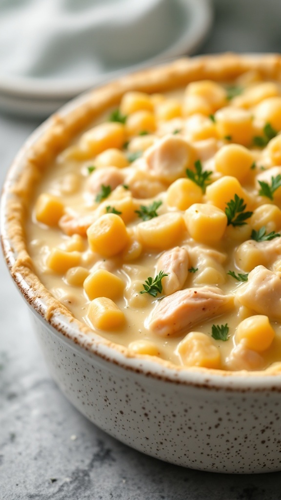Delicious chicken pot pie filling in a bowl with corn and herbs