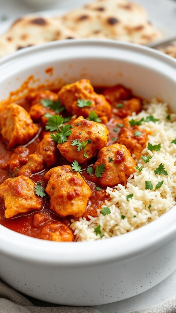 A bowl of chicken tikka masala served with rice.
