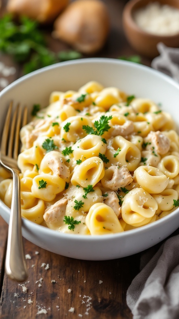 A bowl of Chicken Tortellini Alfredo with a golden creamy sauce and garnished with parsley.