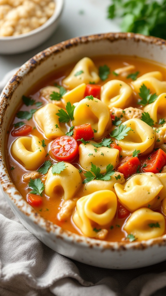 A bowl of steaming chicken tortellini soup garnished with parsley.