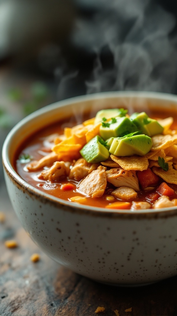 A bowl of chicken tortilla soup topped with avocado, cheese, and tortilla strips.