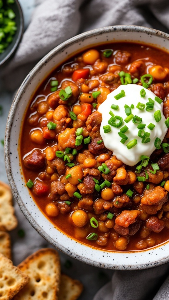 A bowl of Chili Con Carne topped with sour cream and green onions, with crackers on the side.