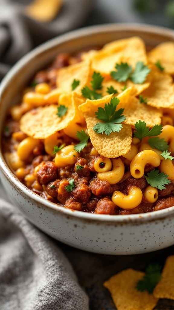 A comforting bowl of chili mac and cheese topped with crushed tortilla chips and cilantro.