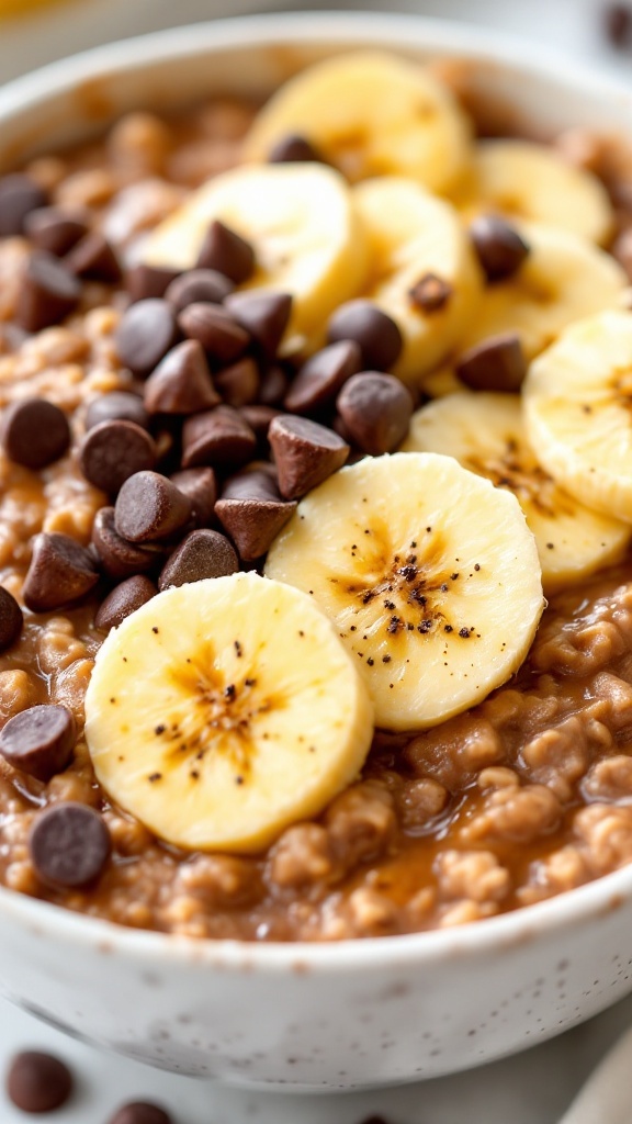 Bowl of chocolate banana cottage cheese oats topped with banana slices and chocolate chips.