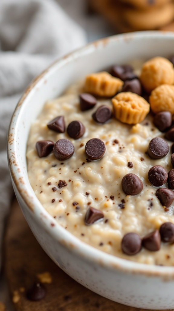 A bowl of Chocolate Chip Cookie Dough Cottage Cheese Oats topped with chocolate chips.
