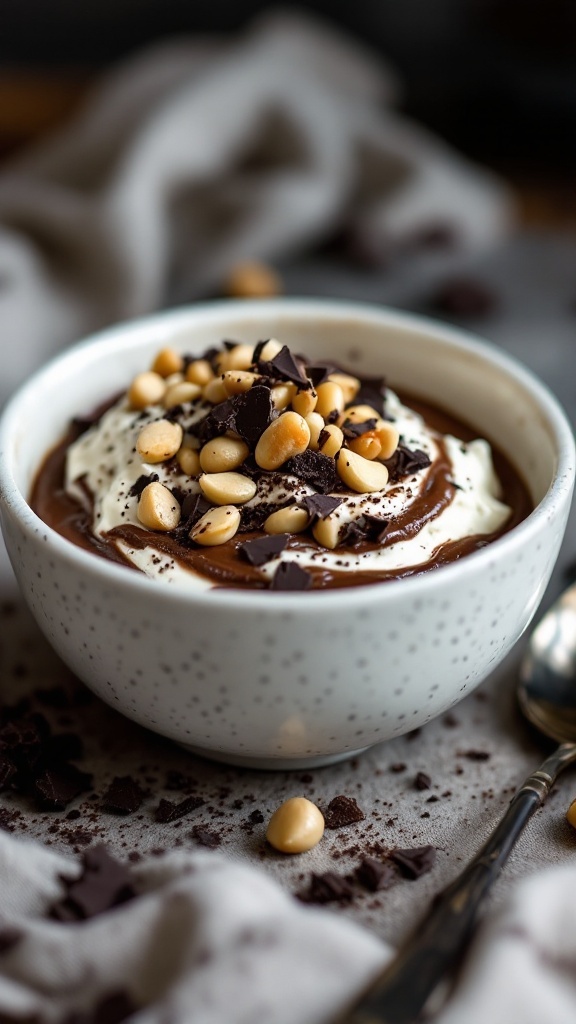 A bowl of chocolate hazelnut cottage cheese topped with nuts and chocolate shavings.
