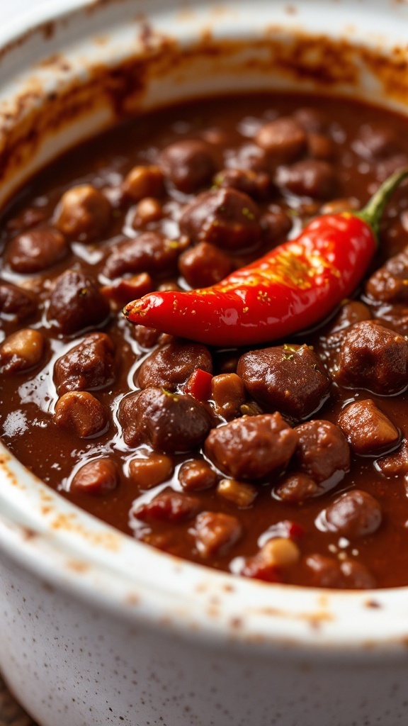 A bowl of rich and flavorful chocolate mole chili with beans and a red chili pepper on top.