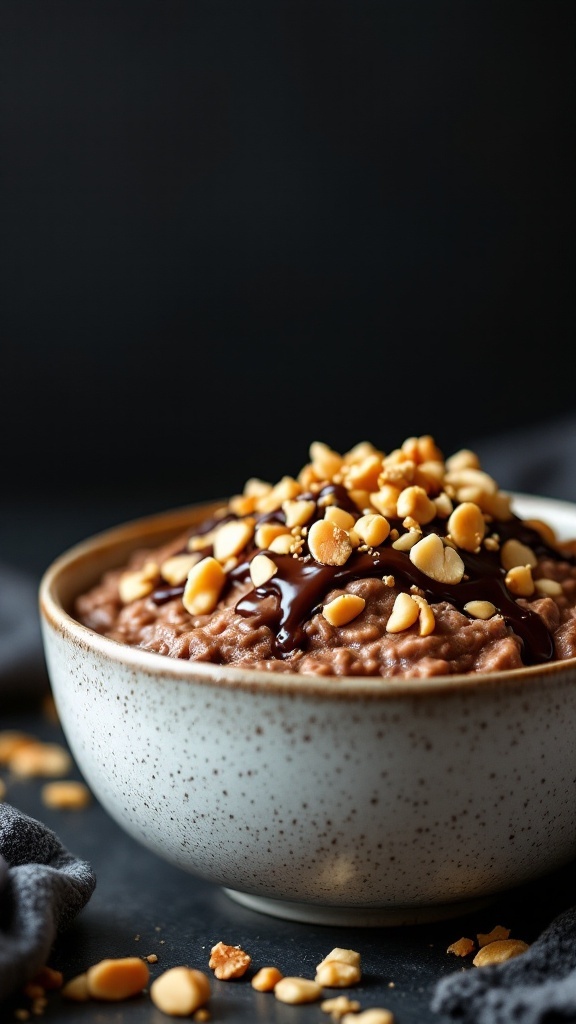 A delicious bowl of chocolate peanut butter overnight oats topped with peanuts and chocolate syrup.