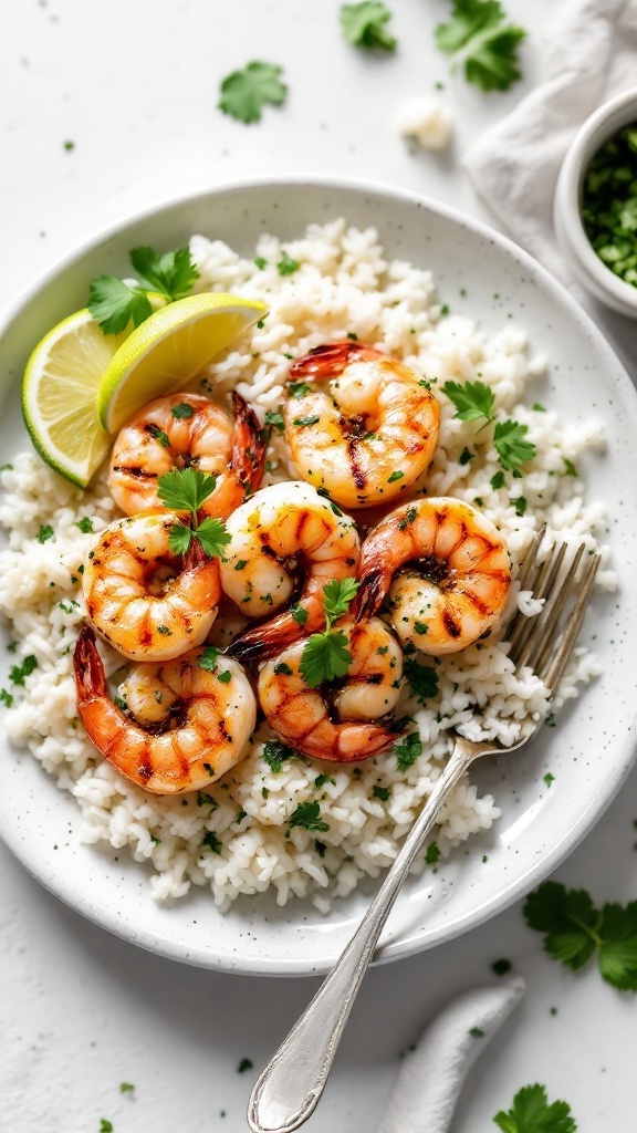 Cilantro-lime grilled shrimp served over rice with garnishes