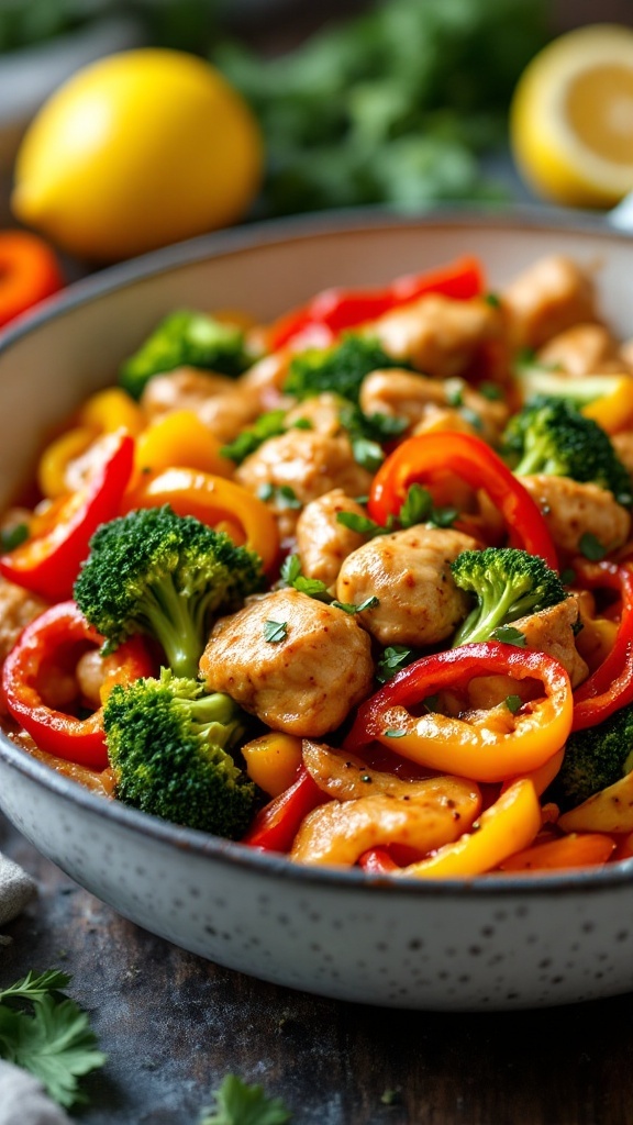 A colorful bowl of Citrus Soy Chicken Stir Fry with broccoli and bell peppers.