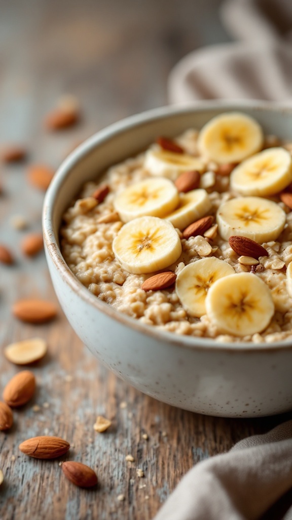 Bowl of banana and almond overnight oats topped with banana slices and almonds.