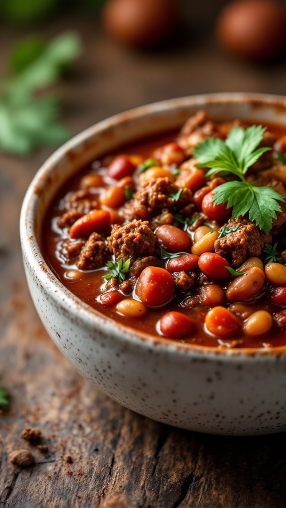 Bowl of classic chili con carne with beans and ground beef garnished with fresh herbs.