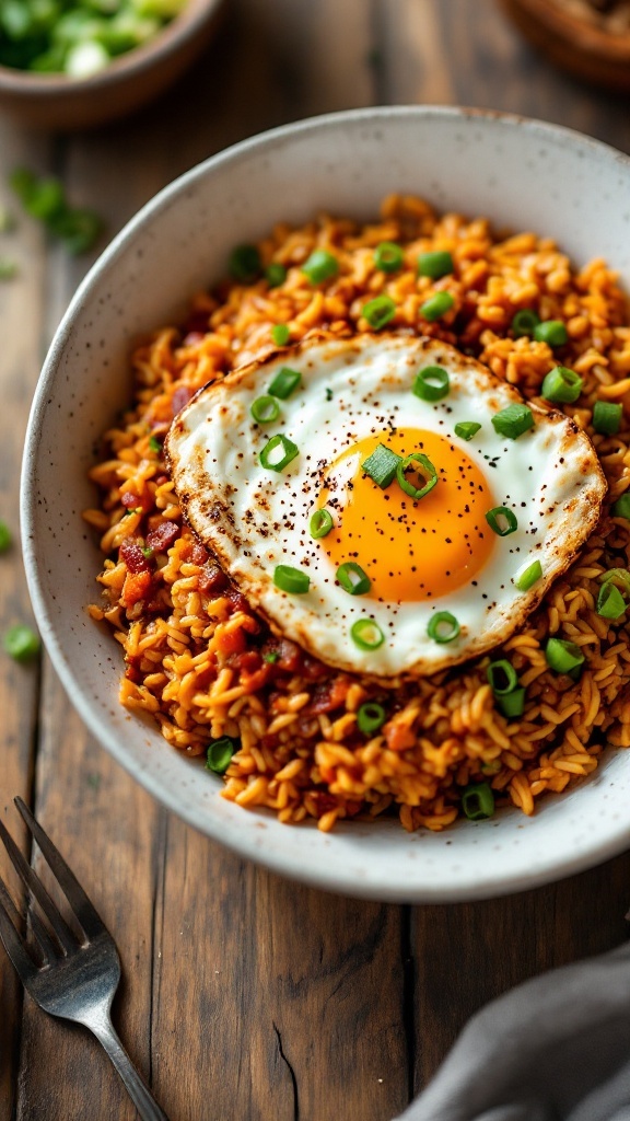 A bowl of classic kimchi fried rice topped with a fried egg and green onions.