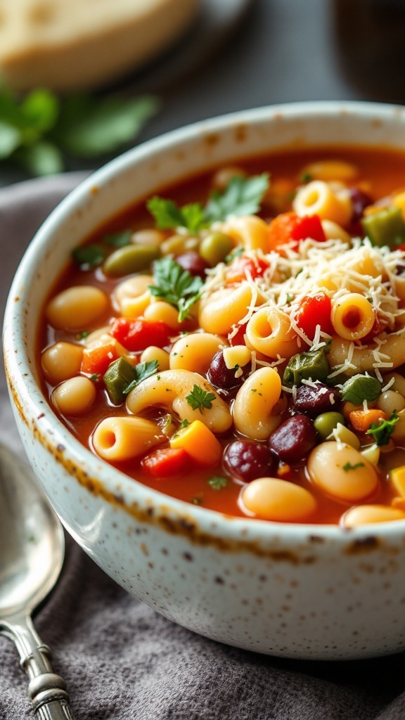 A bowl of classic minestrone soup with pasta and vegetables.