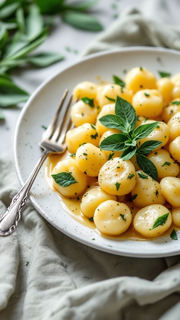 A plate of classic potato gnocchi tossed in sage butter with fresh sage leaves on top.