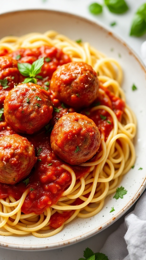 A plate of spaghetti topped with meatballs and marinara sauce, garnished with parsley.