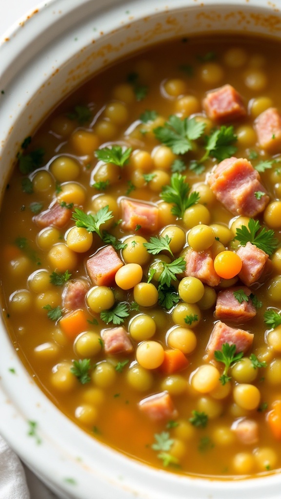 A comforting bowl of split pea soup with ham, garnished with fresh parsley.