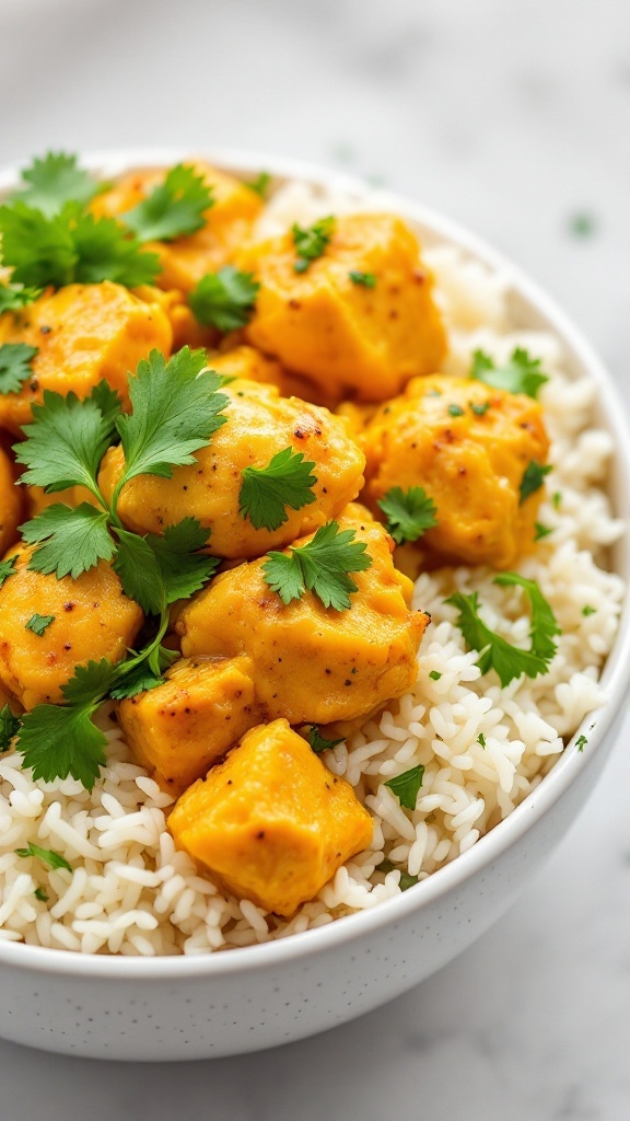 A bowl of coconut curry air fryer chicken served over rice with fresh cilantro.