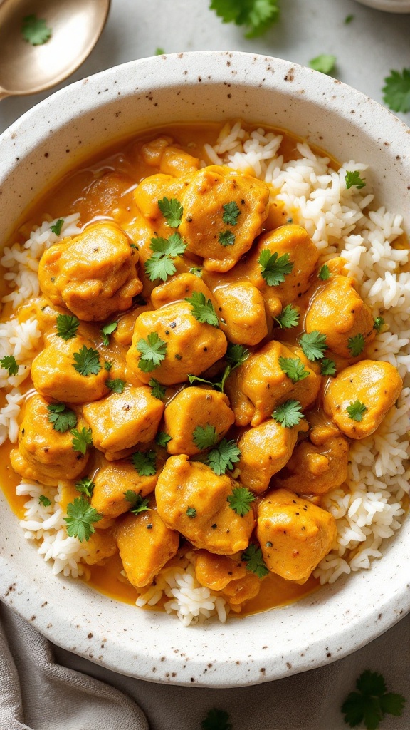 Delicious coconut curry chicken served with rice and garnished with cilantro.