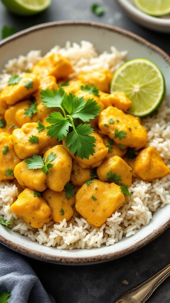 A bowl of coconut curry chicken served over rice with fresh cilantro and lime.