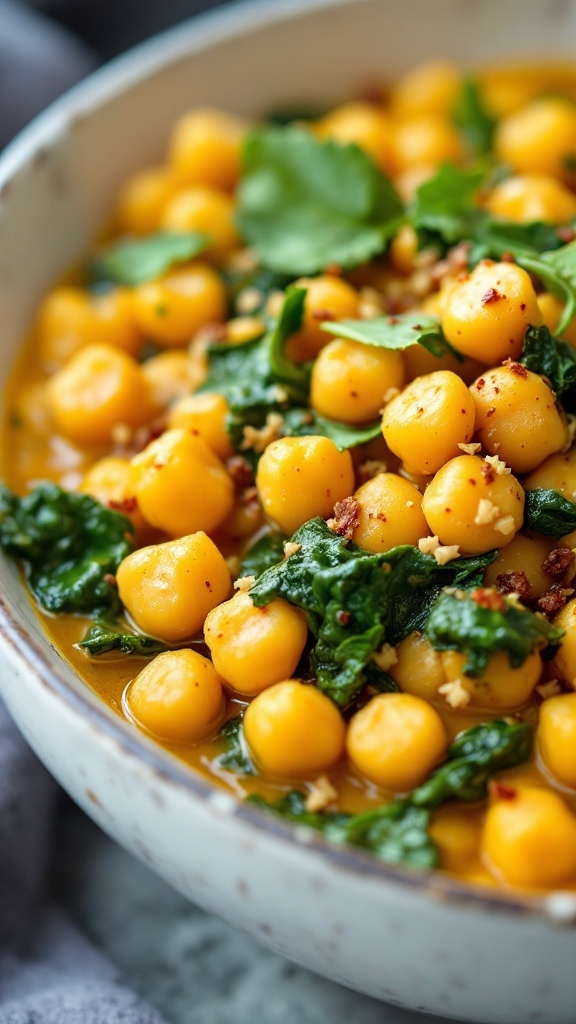 A bowl of creamy coconut curry chickpea stew with greens.