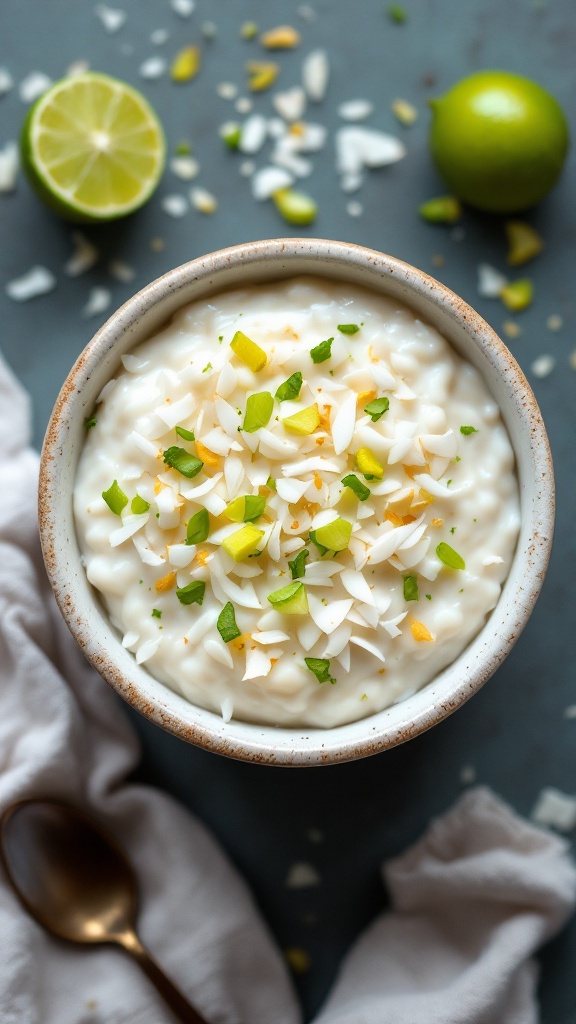 A bowl of coconut lime overnight oats topped with lime wedges and coconut flakes, surrounded by fresh ingredients.