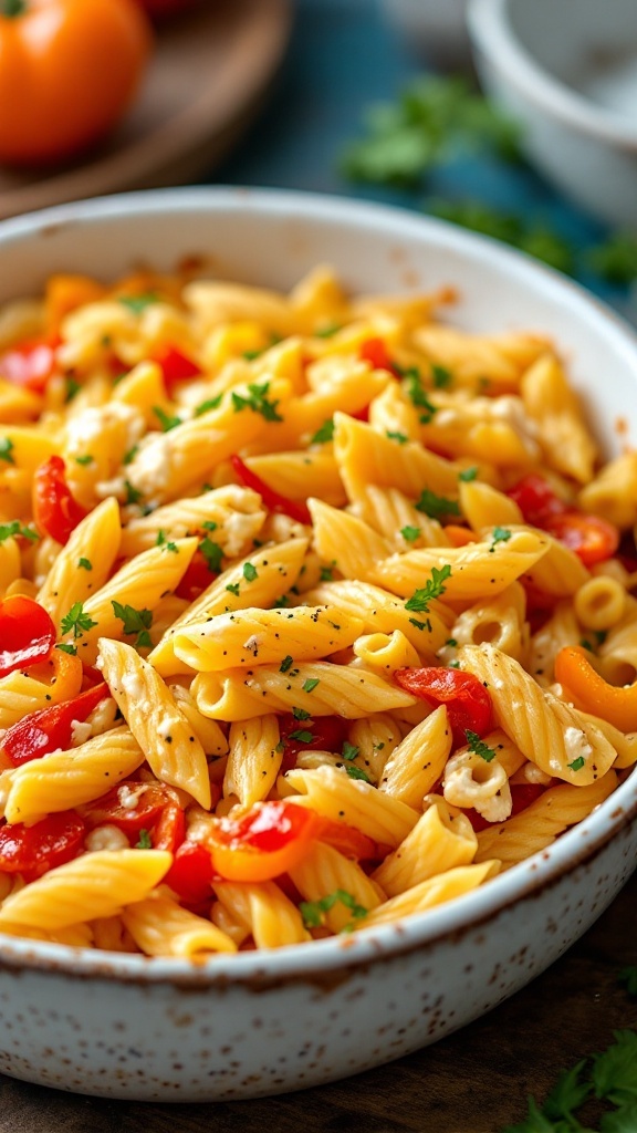 A bowl of pasta with bell peppers and cottage cheese, garnished with herbs.
