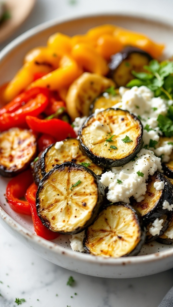Cottage cheese and grilled veggies in a bowl