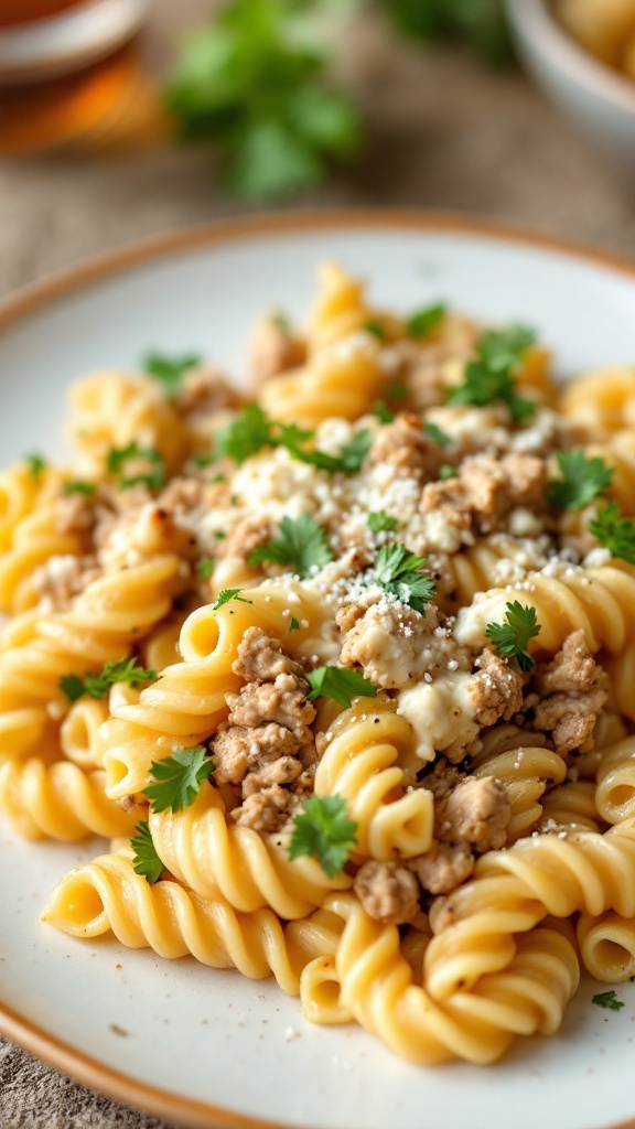 Cottage cheese and ground turkey pasta bake on a plate.