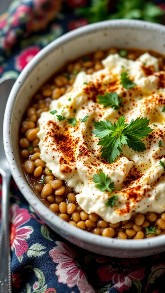 Cottage cheese and lentil bowl topped with spices and herbs