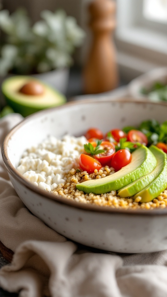 A colorful bowl featuring quinoa, cottage cheese, avocado, and cherry tomatoes.