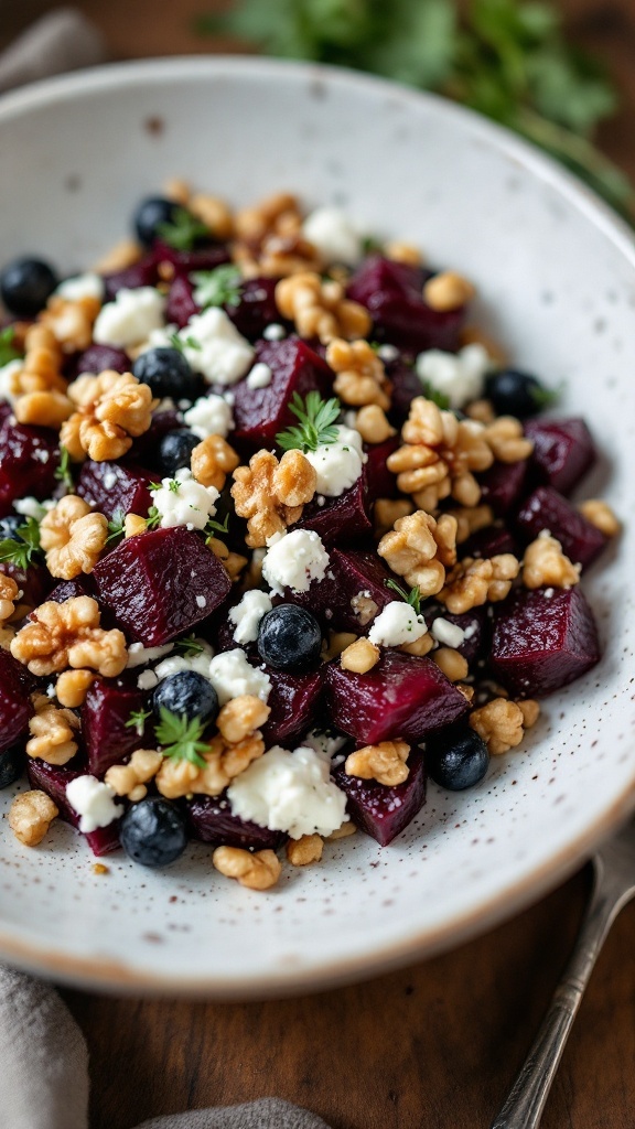 A colorful bowl featuring roasted beets, cottage cheese, walnuts, and blueberries.
