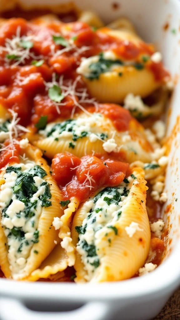 Cottage cheese and spinach stuffed pasta shells topped with marinara sauce.
