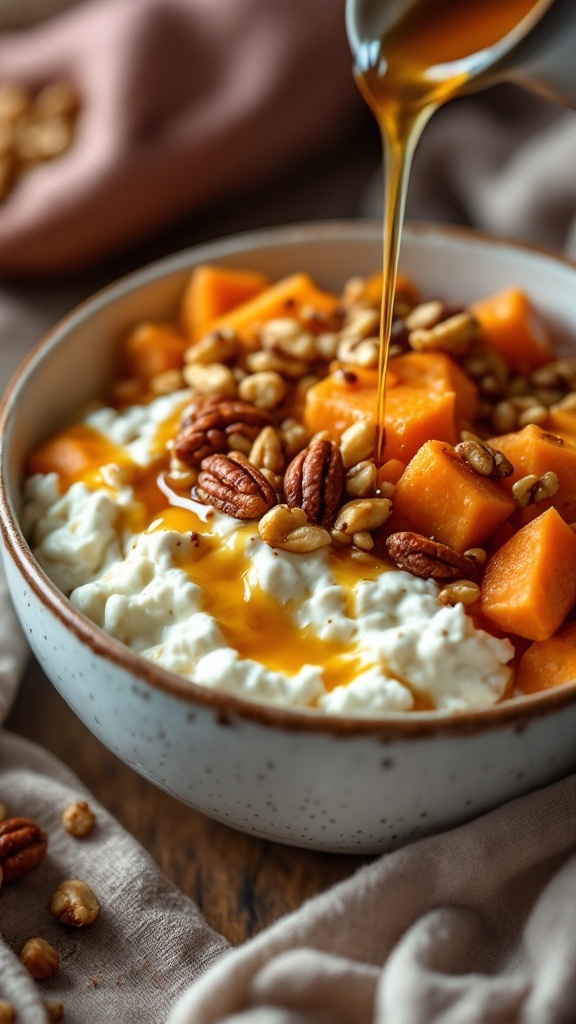 A bowl of cottage cheese topped with roasted sweet potatoes, pecans, and a drizzle of maple syrup.