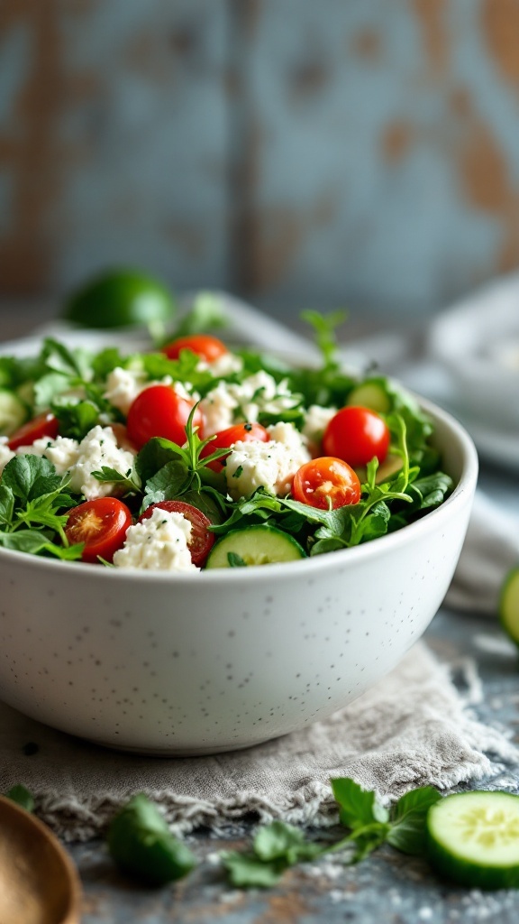 A fresh and colorful cottage cheese salad bowl with greens, cherry tomatoes, and cucumbers.