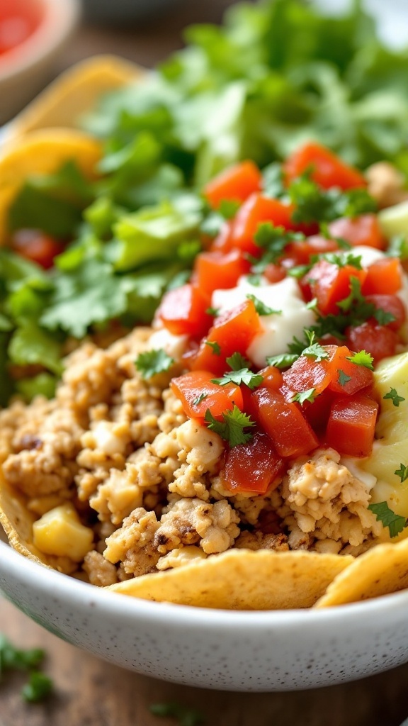 A delicious cottage cheese taco bowl with toppings