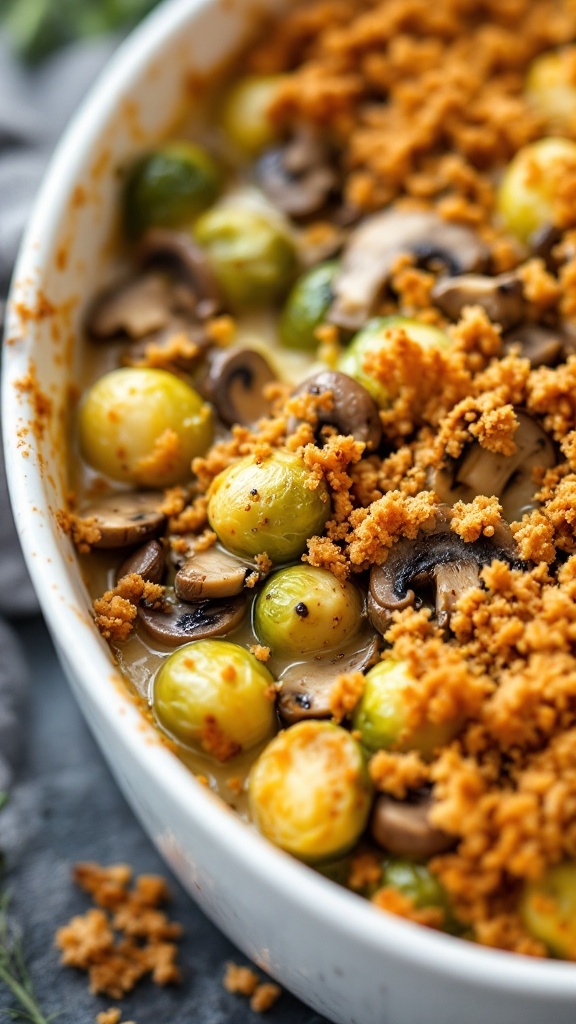 Creamy Brussels sprouts and mushroom casserole topped with breadcrumbs